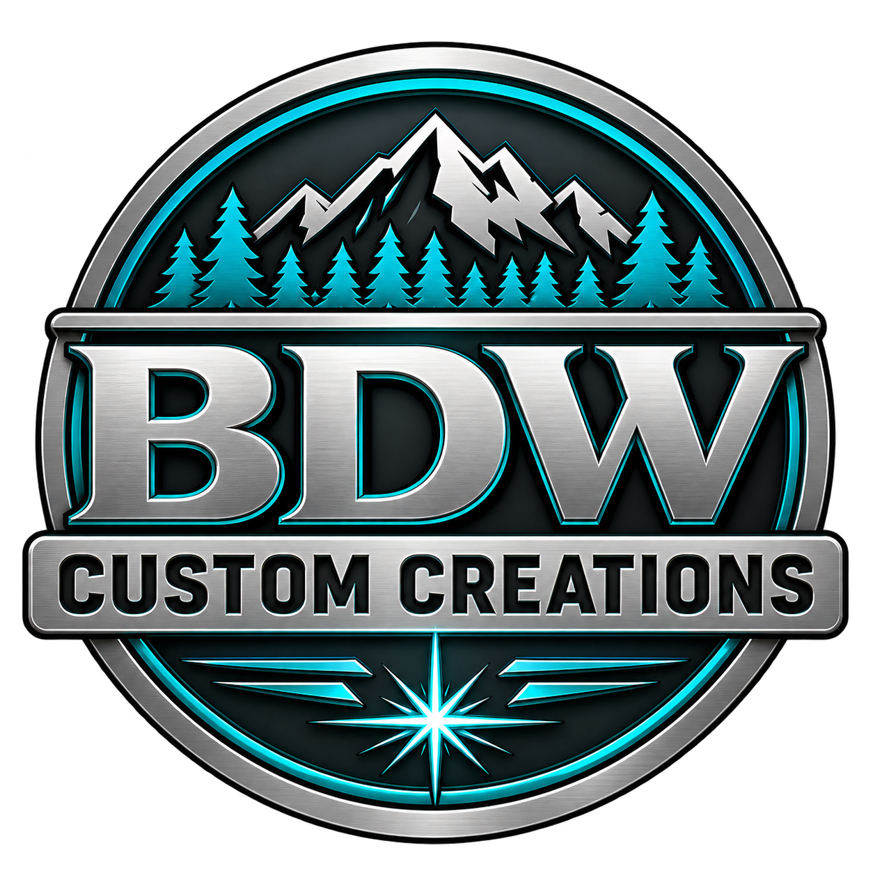 BDW Custom Creations concept badge featuring mountains, trees, and teal silver accents